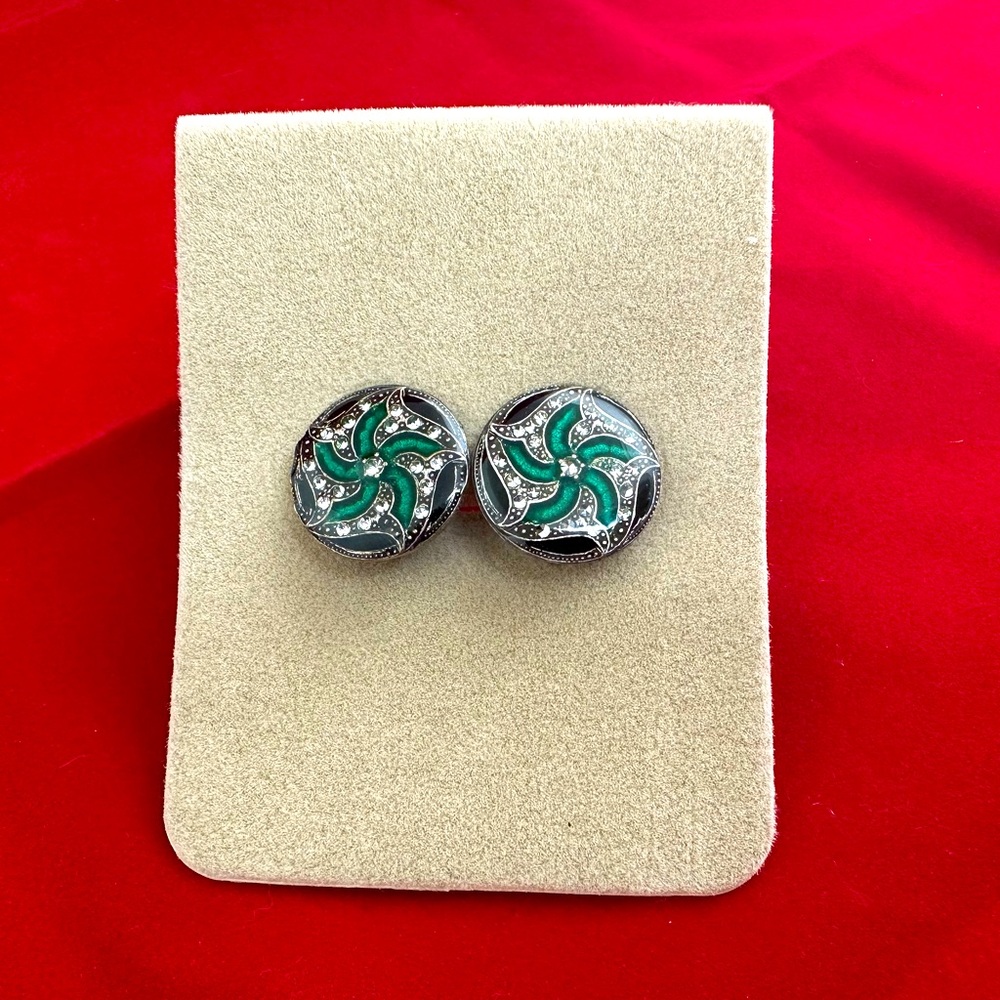 PIERRE BEX Vintage Green & Black Enamel Art Deco Clip on Earrings Geometric